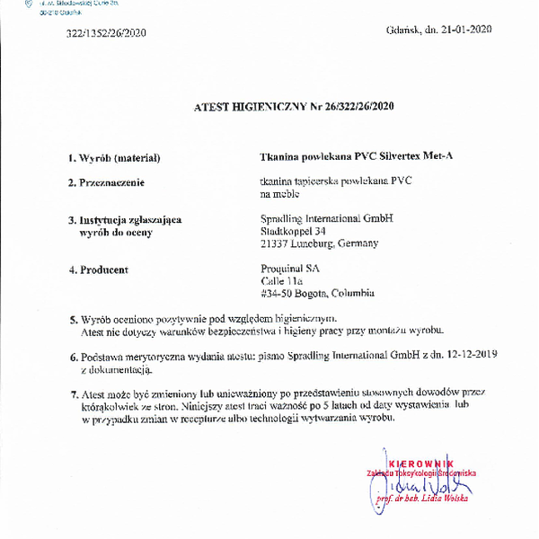 silvertex - certyfikat atest higieninique